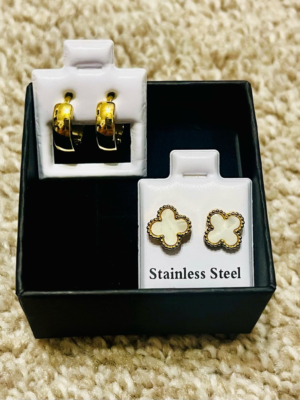 Stainless Steel Gold Hoop and Clover Stud Earring Set - Gold